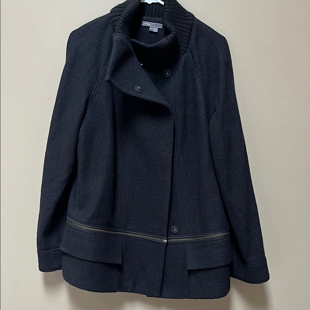 VINCE Black Wool Convertible Zip Minimalist Pea Coat Women's